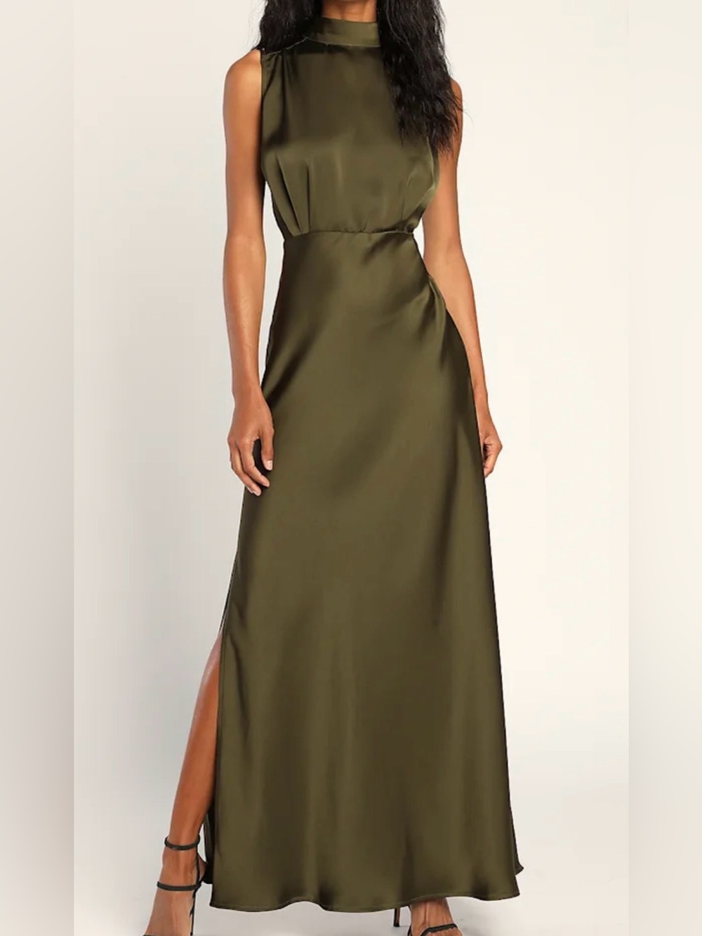 Lulu's Olive Green Satin High-Neck Maxi Dress NWOT